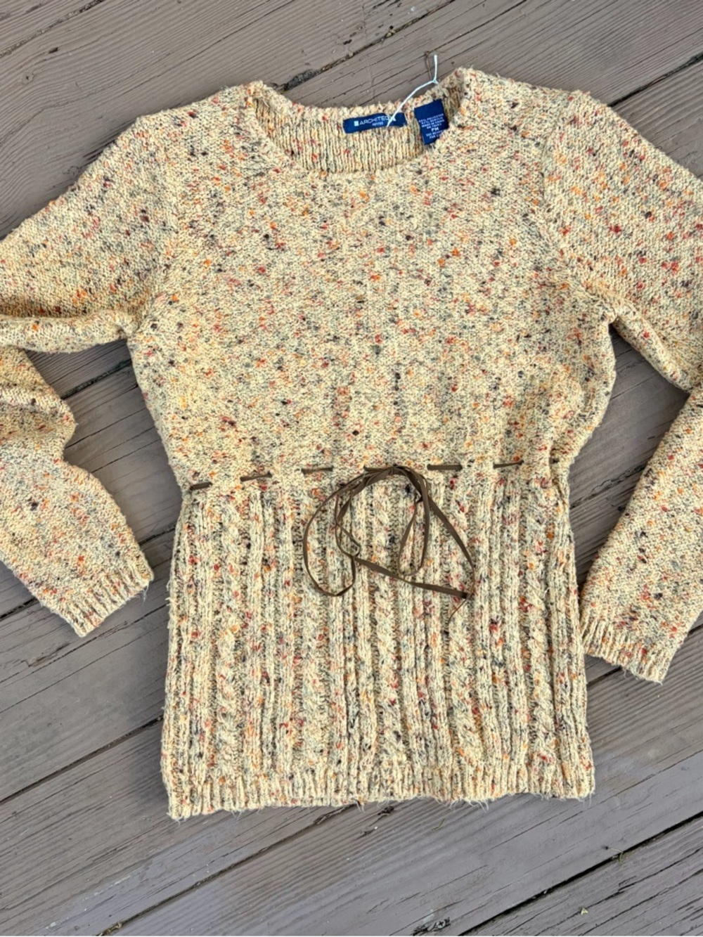 Vintage 2000’s Y2K Architect tan speckled knit sweater with leather tie waist